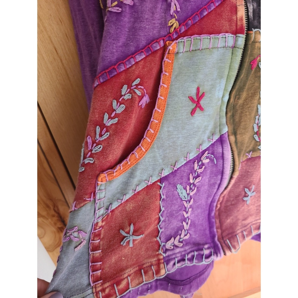 Y2K Patchwork Boho Bohemian XL Purple Zip Up Hooded Sweater Embroidered Granola - Picture 5 of 7